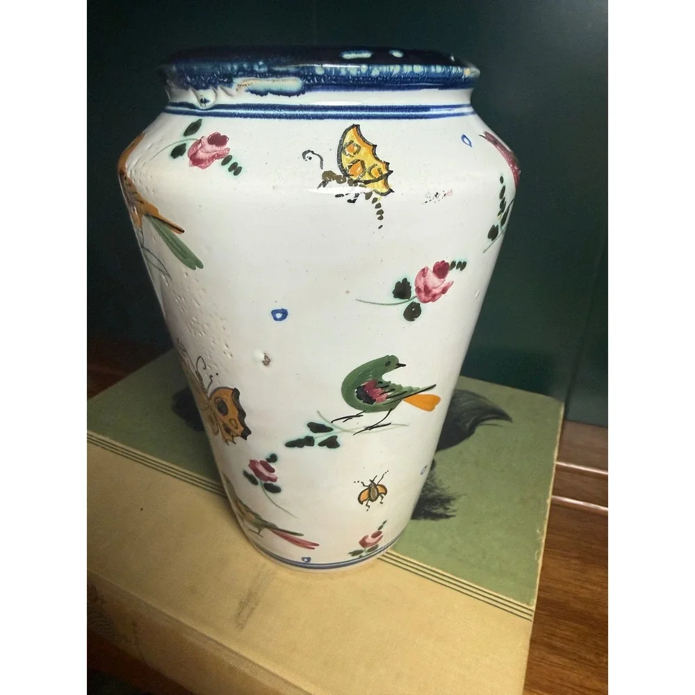 Vintage Italian Hand Painted‎ Bird Butterfly Vase Whimsical Cottagecore Italy